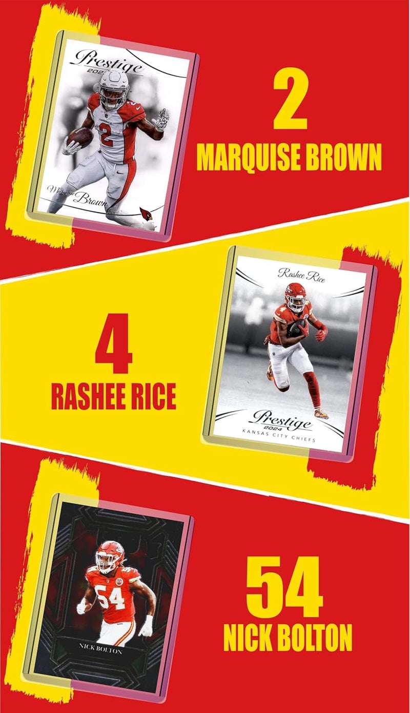Chaser Kansas City Chiefs Football Cards: Patrick Mahomes, Travis Kelce, Isiah Pacheco, Jamaal Charles, Chris Jones, Marquise Brown, Nick Bolton, Rashee Rice, Xavier Worthy, Tony Gonzalez (10) ASSORTED Football Stars & GOATs Trading Card & Wristbands Gift Pack - Image 4